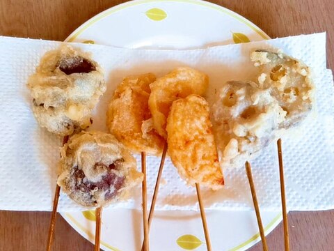 椎茸と薩摩芋と蓮根の串揚げ天ぷら